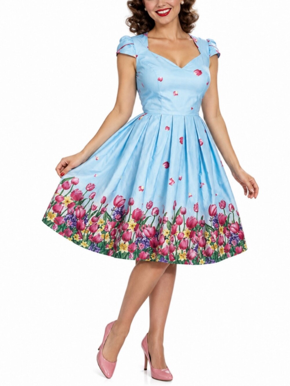 Hell Bunny Angelique Swing Dress Size Large Blue Tulip Floral Print 50s Pinup